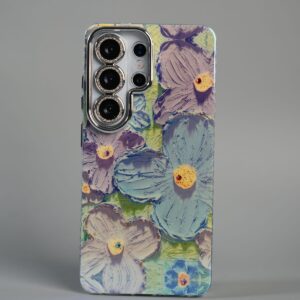 Luxury 3D Oil Painting Floral Design Glitter Lens Protection Stand Cover for Galaxy Ultra Series