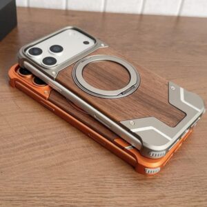 Walnut Wood Metal Magnetic 360° Rotation Case for iPhone
